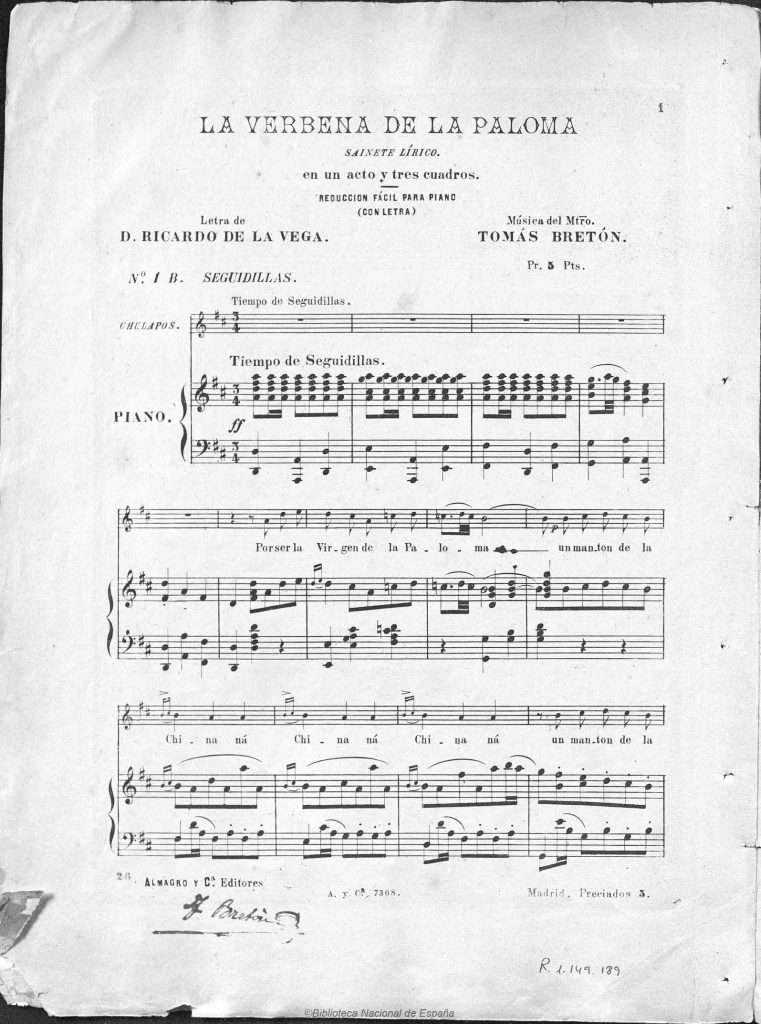 Partitura de «La Verbena de la Paloma» de Tomás Bretón. Fuente: BNE. 
Actividades culturales julio. 