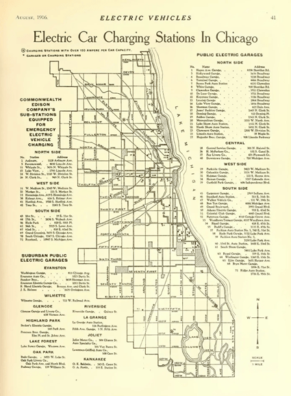 Mapa de Estaciones de Carga Eléctricas de Chicago, agosto de 1916.
Cargadores vehículos eléctricos.