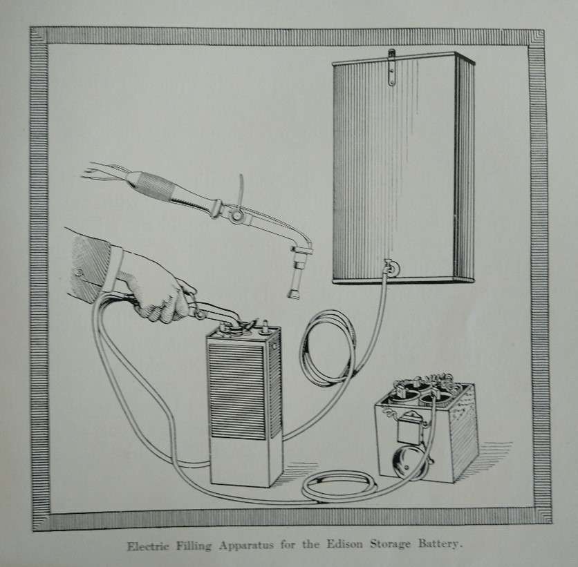 Aparato de rellenado eléctrico para Baterías Edison. (En él se aprecia que combina la recarga eléctrica y de electrolito)
Cargadores vehículos eléctricos.