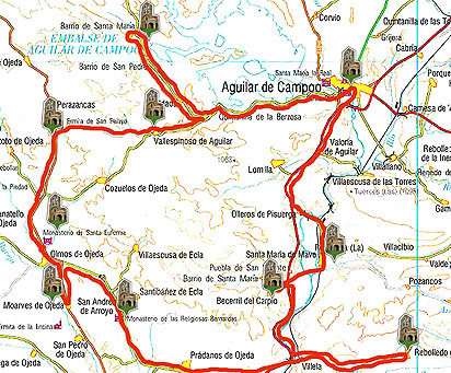 Mapa del recorrido con los monumentos del románico palentino saliendo desde Aguilar