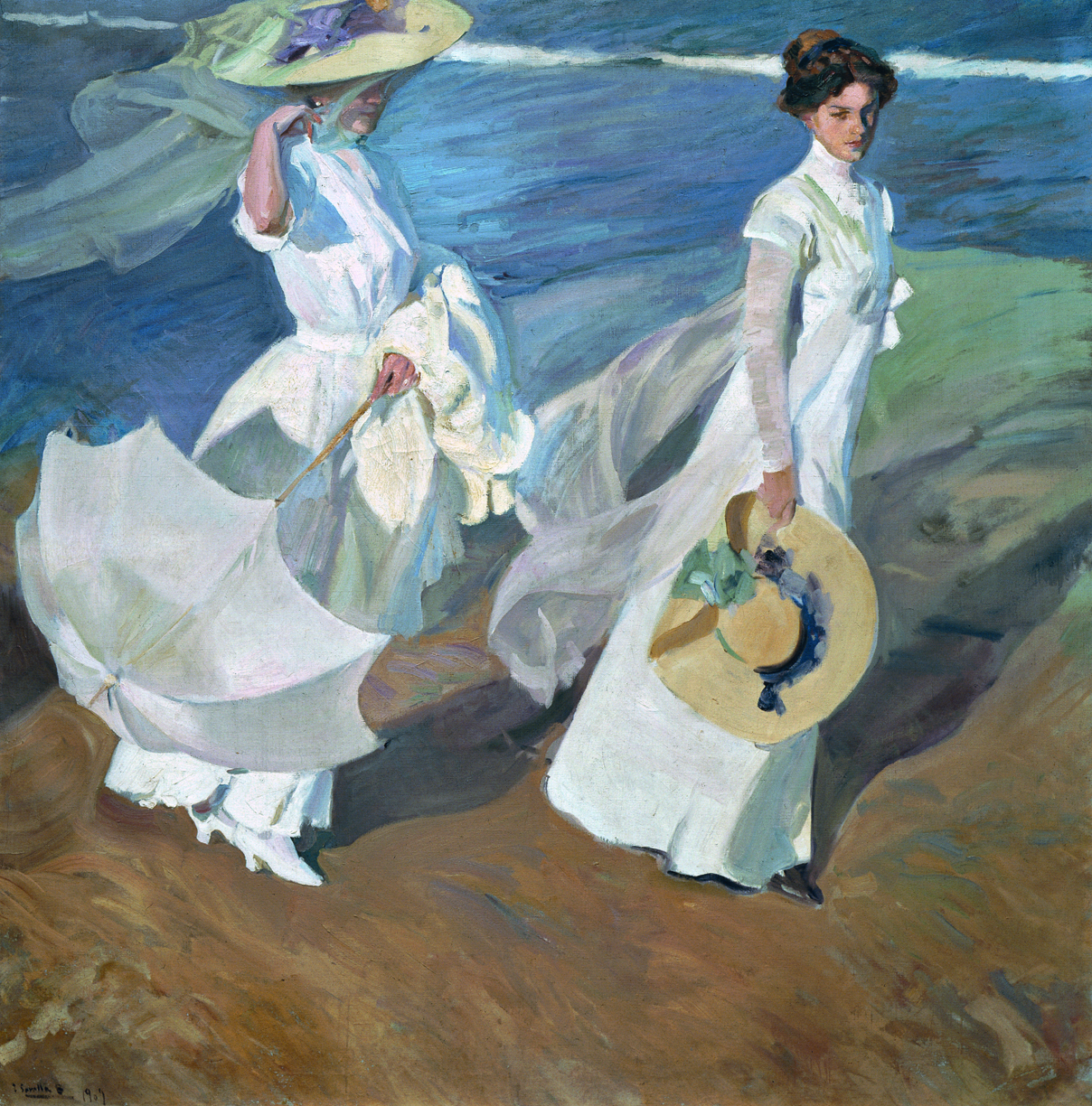 Pintura de Joaquín Sorolla. Mujeres con vestidos blancos y sombreros paseando por la playa. Museo Sorolla