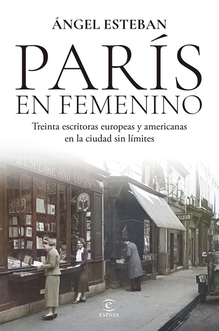 Portada del libro París en femenino. Calle comercial y personas mirando libros frente a una librería