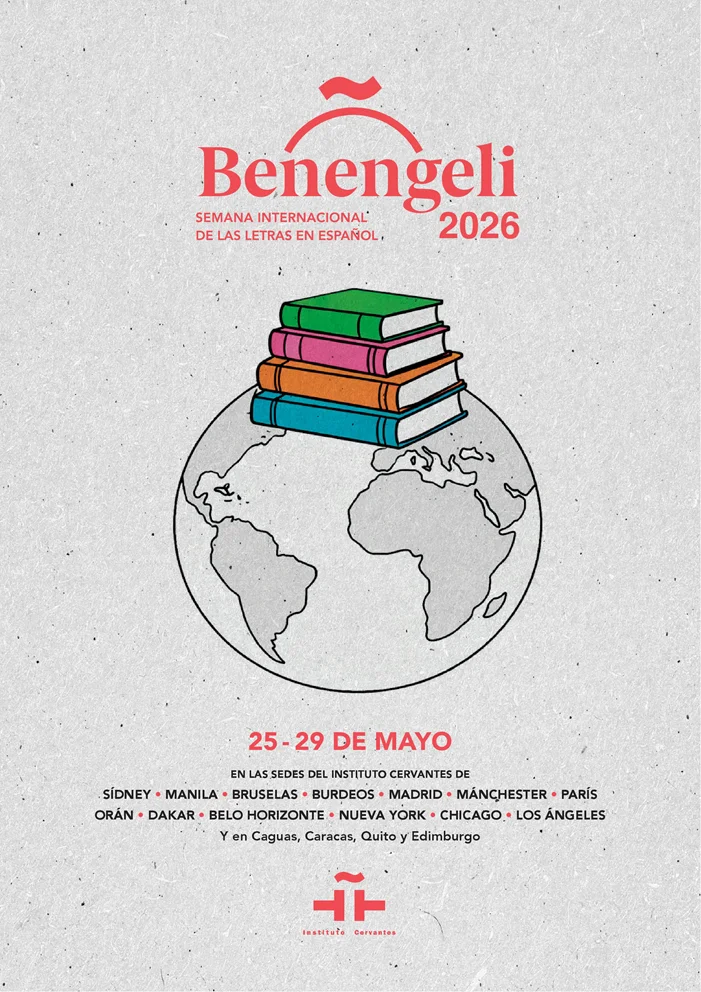 Cartel de Benengeli 2026. Libros de diferentes colores sobre globo terráqueo