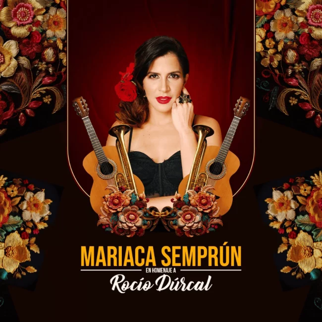 Mariaca Semprún con guitarras a los lados en el cartel del homenaje a Rocío Durcal.